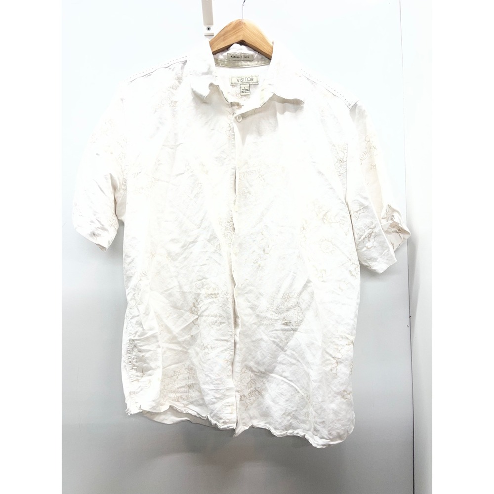 Visitor Mens White Linen Blend Embroidered Short Sleeve Button Down Shirt Large